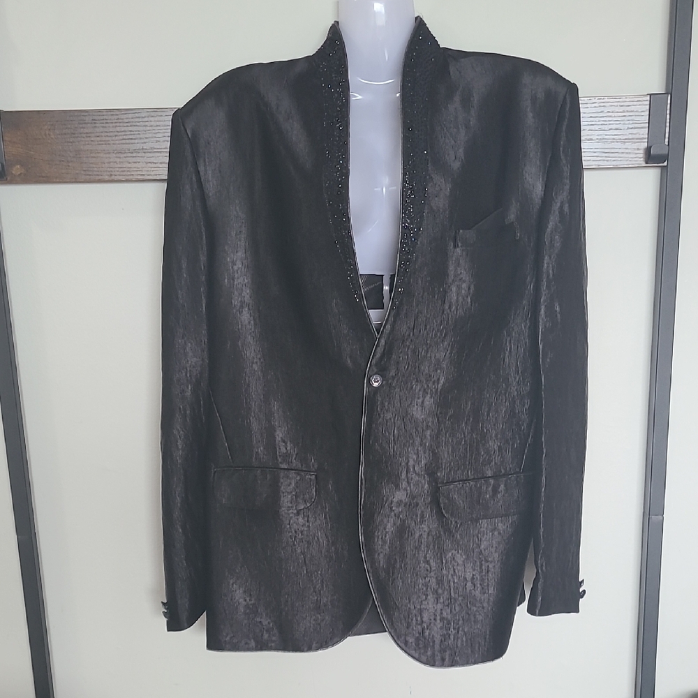 Sophisticated Black Metallic Blazer Smoking Notched Lapels Bead Kerchief Casino